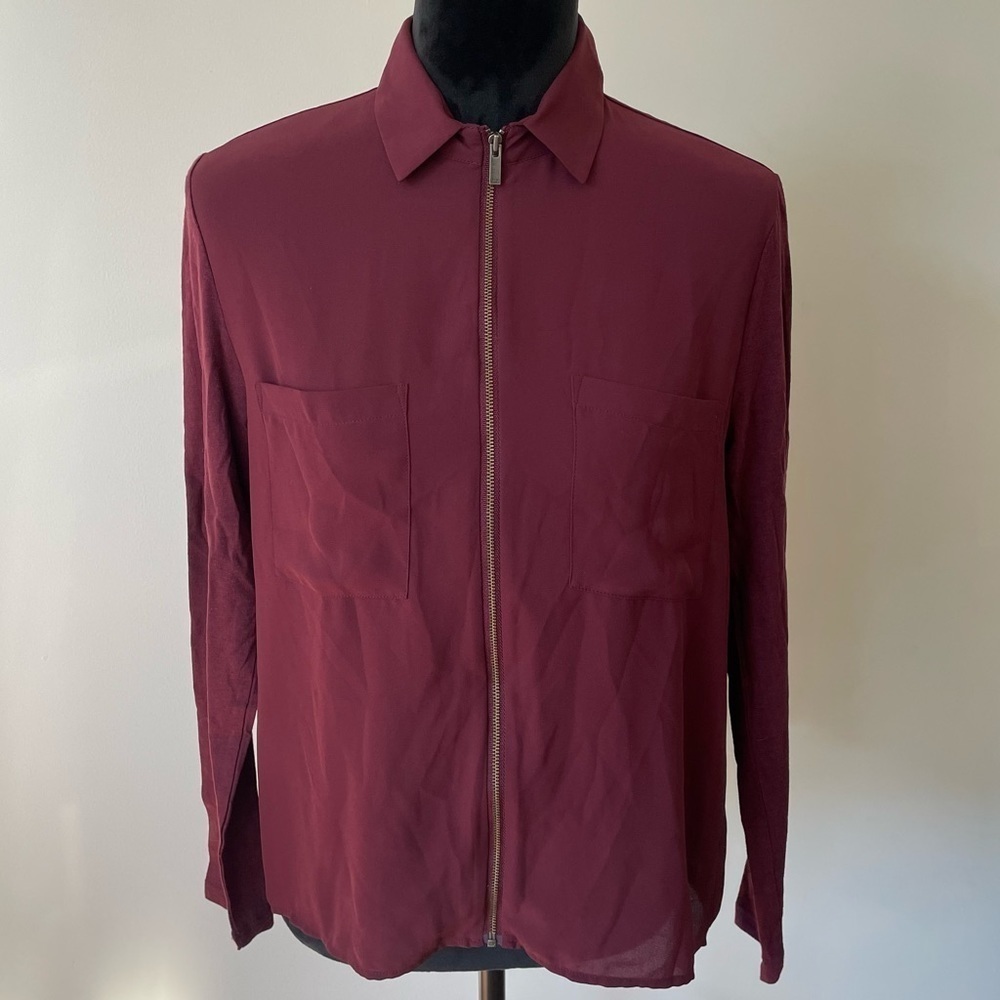 THE KOOPLES SPORT Burgundy Zip Front Mixed Media Long Sleeve Blouse Shirt Size S